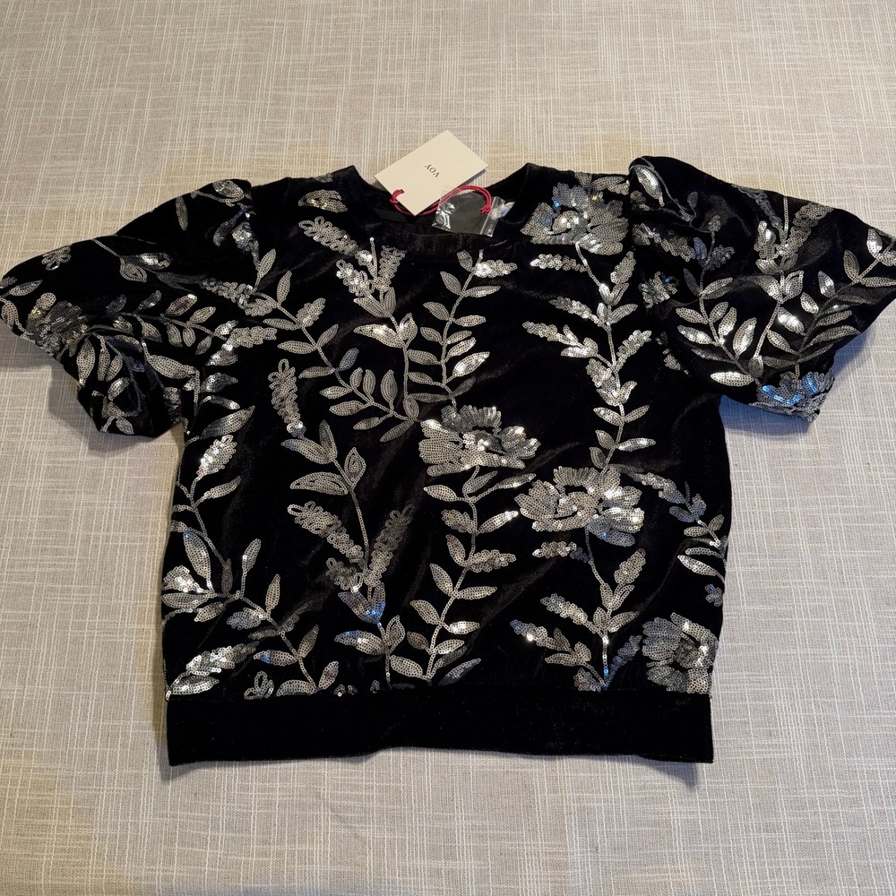 VOY Womens Black Velvet Silver Sequin Floral Puff Sleeve Blouse Top Medium NEW